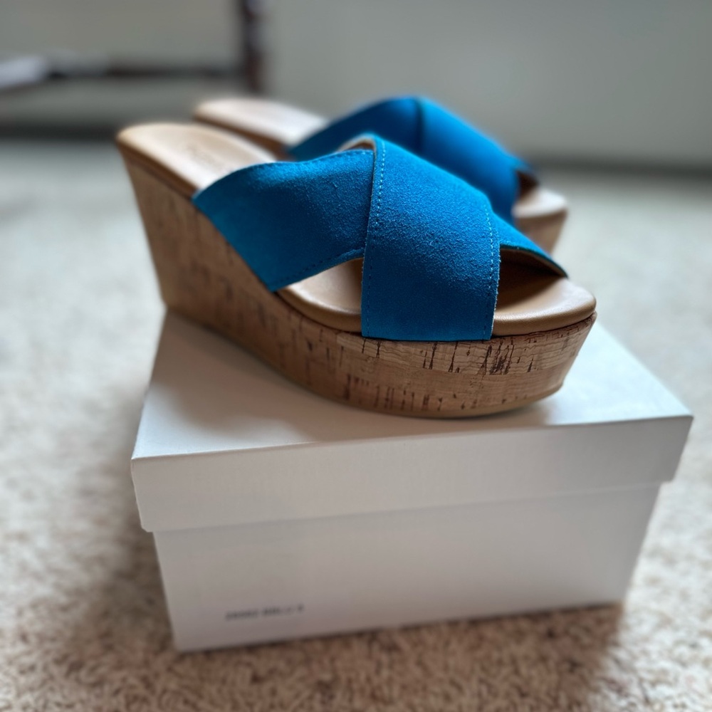 Garnet Hill Bright Blue Suede Open Toe Backless Wedge Cork Heel Sandals size 5